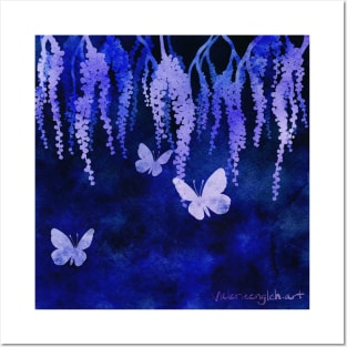 Wisteria and Butterflies Negative Painting Blue Posters and Art